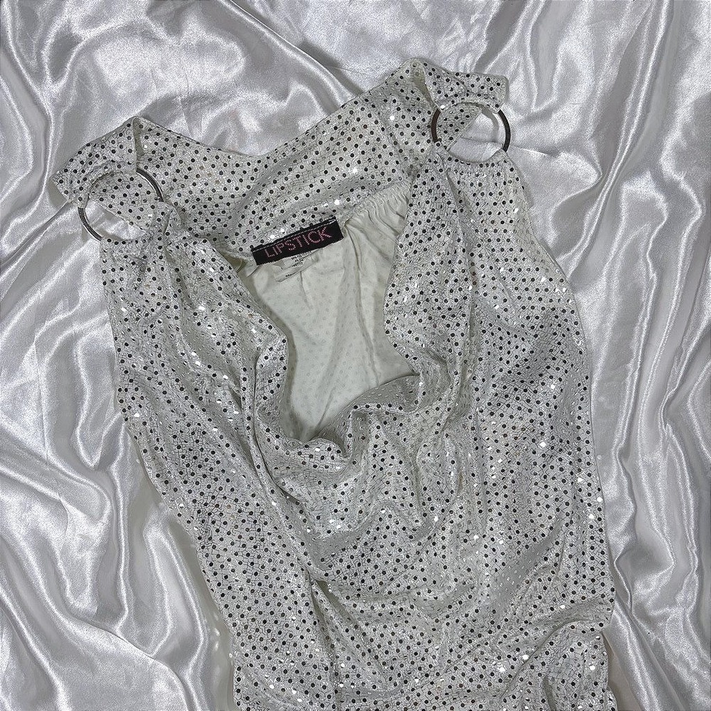 y2k sparkly Mini Dress Silver Sequin Cowl Neck Ring Detail Lipstick M